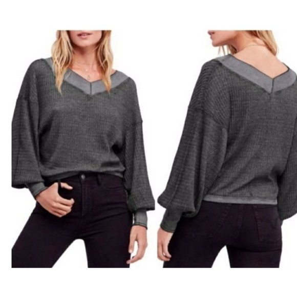 Free People We The Free South Side Thermal V-Neck Gray Black V-Neck XS‎ $68 - Picture 5 of 13